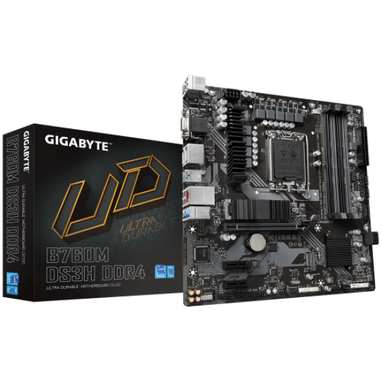 GIGABYTE B760M DS3H, rev.1.0, 4xDDR4, 2xM.2, 2xDP, HDMI, VGA, 12-13-14.Nesil, LGA1700 Soket, Anakart