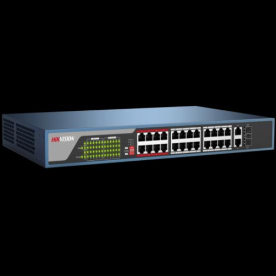 HIKVISION DS-3E0326P-E/M(B), 24 Port, MegaBit, 24 Port PoE, 250W, +1 Port GigaBit Uplink, +1 Port GigaBit SFP, Yönetilemez, Rack Mount Switch