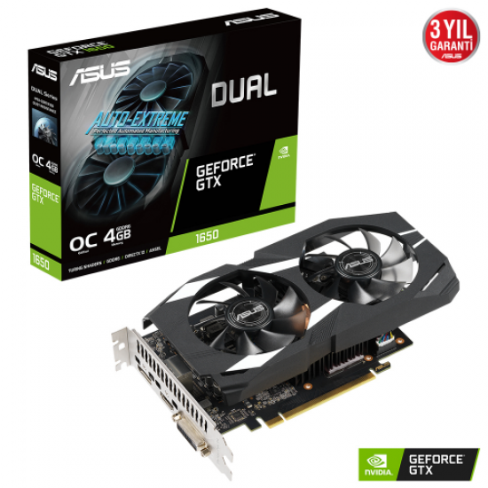 ASUS DUAL-GTX1650-O4GD6-P-EVO, 4Gb, GDDR6, 128Bit, 1xDVI, 1xHDMI, 1xDP GAMING Ekran Kartı