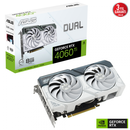 ASUS DUAL-RTX4060TI-O8G-WHITE, 8Gb, 128Bit, GDDR6, 1xHDMI, 3xDP GAMING Ekran Kartı