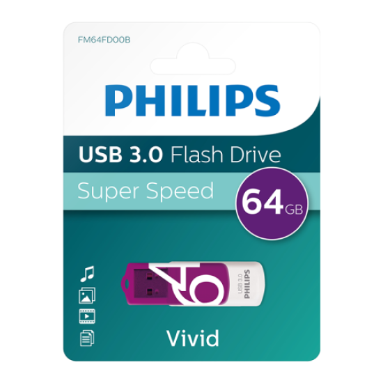 PHILIPS FM64FD00B, 64GB, USB 3.0, Vivid, Mor, Flash Disk