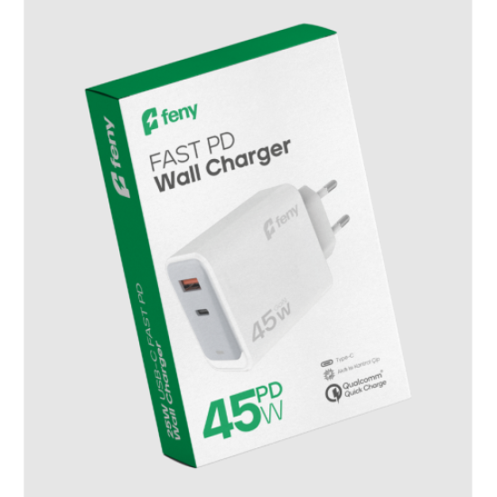 FENY FN-C45, 45W, USB+Type-C, Akıllı Isı Kontrol Chip, Qualcomm Quick Charge 3.0, ŞARJ Adaptörü