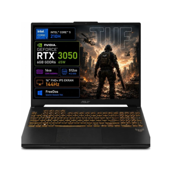 ASUS Tuf Gaming F16, FX607VJB-RL037, Core 5-210H, 16’’ FHD, 144Hz IPS, 16Gb Ram, 512Gb SSD, 6GB RTX3050 Ekran Kartı, Free Dos, GAMING Notebook.
