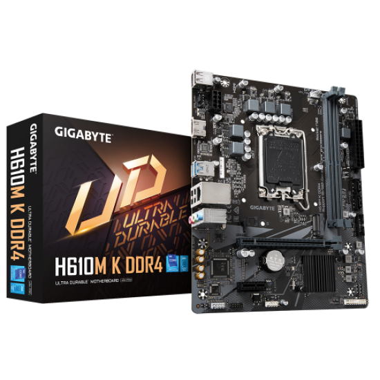 GIGABYTE H610M K rev.1.0, 2xDDR4, M.2, HDMI, 12-13.Nesil, LGA1700 Soket, Anakart