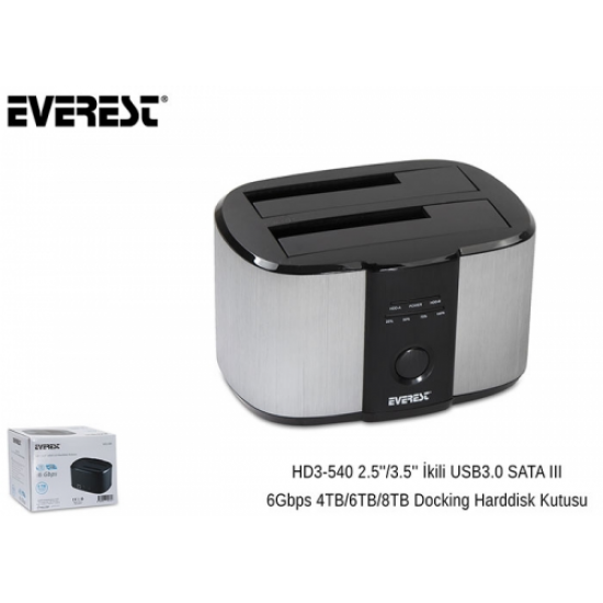 EVEREST HD3-540, 2.5’’ ve 3.5’’ Disk Uyumlu, USB 3.0, İki Disk Yuvalı, Dock Station