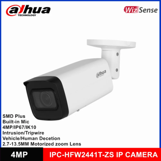 DAHUA IPC-HFW2441T-ZAS-2713 4Mpix, 2,7-13,5mm Motorize Lens, H265+,Starlight, 60Mt Gece Görüşü, Dahili Mikrofon, IP67, PoE Bullet IP Kamera