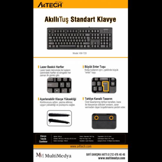 A4 TECH KM-720, Siyah, USB Kablolu, Türkçe Q, Multimedya KLAVYE