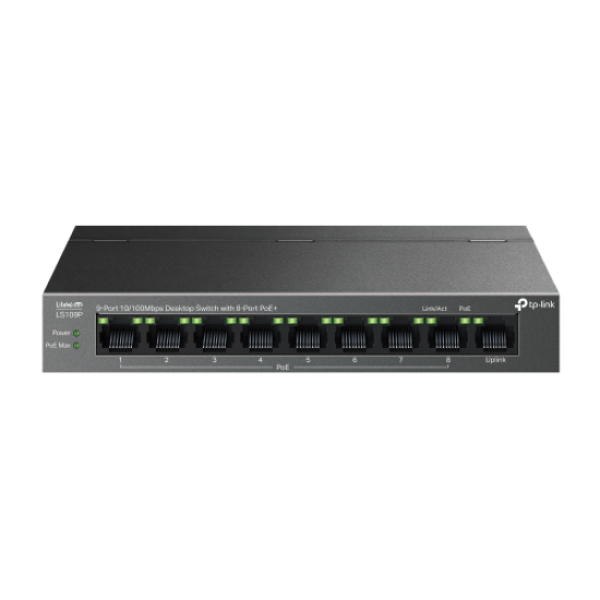 TP-LINK LS109P, Green Tech, 8 Port MegaBit, POE 63W, 1 Port Uplink, Long Range 250Mt, Yönetilemez, Metal Kasalı Switch