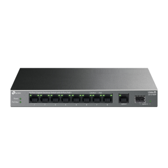 TP-LINK LS1210GP, Green Tech, 8 Port Gigabit, PoE 61W, 1 Port Gigabit Uplink, 1 Port Gigabit SFP, Yönetilemez Masaüstü Switch