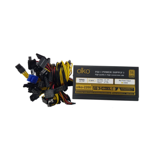 OLKO 2200, 2200W, 14cm Fan, 16xPCI-E 6+2Pin, 1x20+4Pin, 8xSata, ATX, Power Supply (PSU)