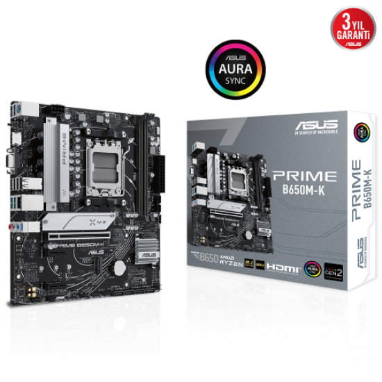 ASUS PRIME B650M-K, 2xDDR5, 2x M.2, D-SUB, HDMI, AMD Ryzen 7000 Serisi, AM5 Soket Anakart