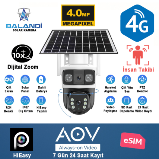 BALANDI PRO-8200GIP 4MP 2 Kameralı 4G AOV ESIM Solar Kamera, HIEASY Yazılım