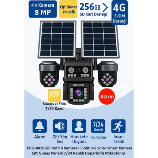 BALANDI PRO-8420GIP 8MP 4 Kameralı 4G AOV ESIM  Solar Kamera, HIEASY Yazılım