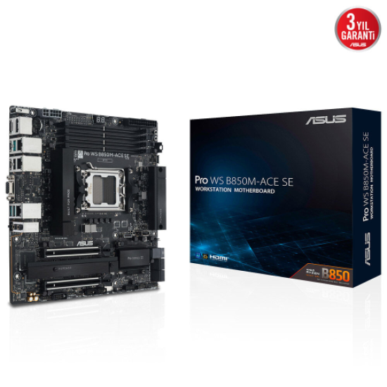 ASUS PRO WS B850M-ACE SE, 4xDDR5, 2xM.2, HDMI, DP, Type-C, D-SUB, PCIe 5.0, AM5 Soket Micro-ATX Anakart