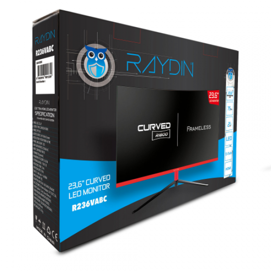 RAYDIN R236VABC, 23.6’’, 2ms, 75Hz, Full HD, D-Sub, HDMI, Frameless, R1800 Curved, VA LED Monitör (Siyah)
