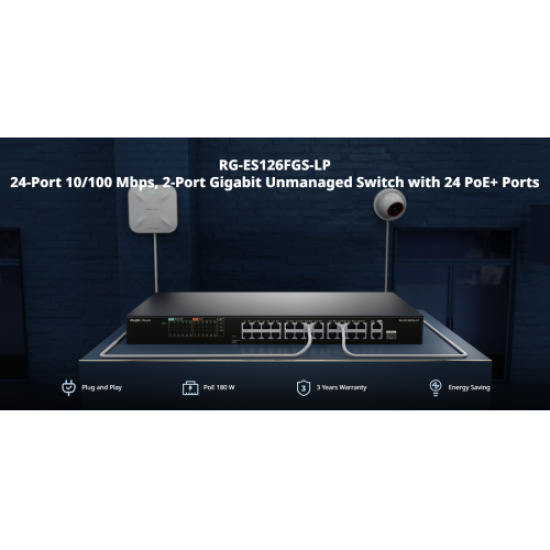RUIJIE REYEE RG-ES126FGS-LP  26 Port, 24 Port  Megabit PoE, 180W, 2 Port Gigabit Uplink, 1 Port Gigabit COMBO,  Switch  Metal Kasa