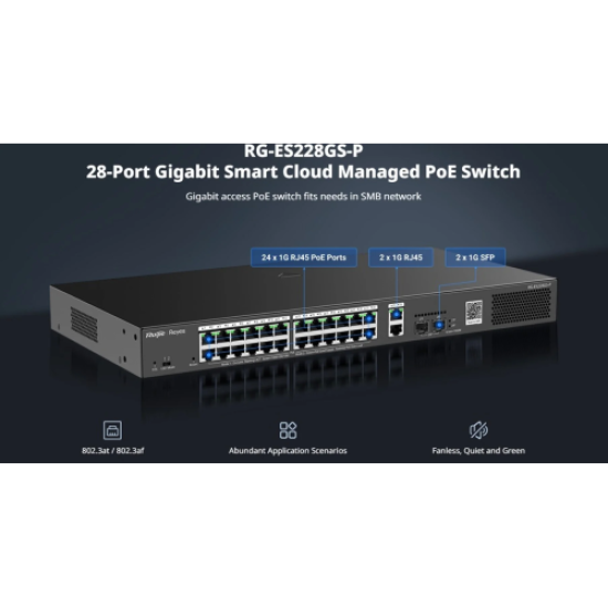RUIJIE REYEE RG-ES228GS-P  28Port ,24 Port  PoE  370W, 2Port Gİgabit Uplink, 2 Port SFP, Colud Yönetilebilir Switch  Metal Kasa