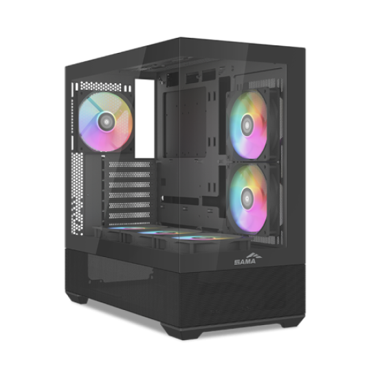 SAMA V40BK Black, B750BK 750W, 80+ Bronze, PCIE 5.1, ATX3.1, Tempered Glass Panel, Panoramic Tasarım, Type-C, 6x120mm ARGB Fan, ATX, GAMING KASA