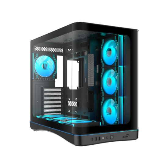 SAMA V62BK Black, B850BK 850W, 80+ Bronze, PCIE 5.1, ATX3.1, Tempered Glass Panel, Panoramic Tasarım, Type-C, 7x120mm ARGB INFINITY Fan, ATX, GAMING KASA