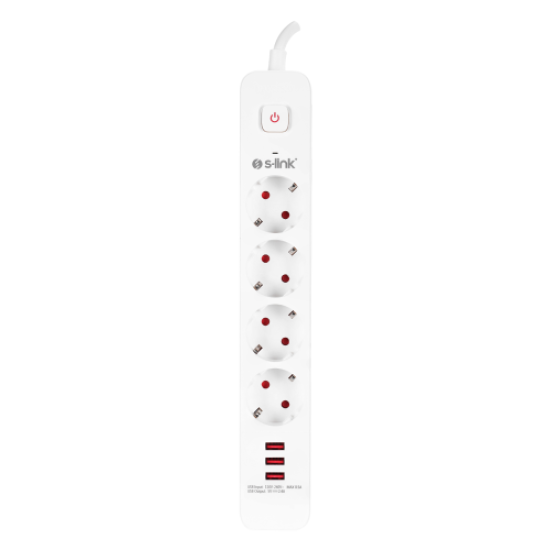 S-LINK SPG403U, 4 Soket, Akım Korumalı Priz, 3xUSB 5V 2.4A, 1.5Mt %100 Bakır 1.5mm Kablo, 750 Joule (Beyaz)