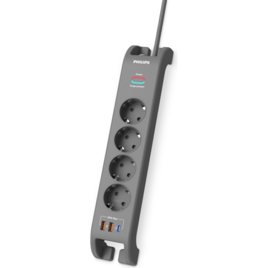 PHILIPS SPN4140GA/62, 4 Soket, Akım Korumalı Priz, 2400 Joules, 2Mt Kablo, 1xUsb-C PD 20W Hızlı Şarj, 2xUsb-A QC 18W, (Gri)