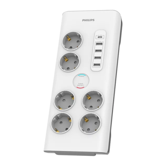 PHILIPS SPN7060WA/62, 6 Soket, Akım Korumalı Priz, 900 Joules, 2Mt Kablo, 1xUsb-C 15W Şarj, 4xUsb-A 20W, (Beyaz)