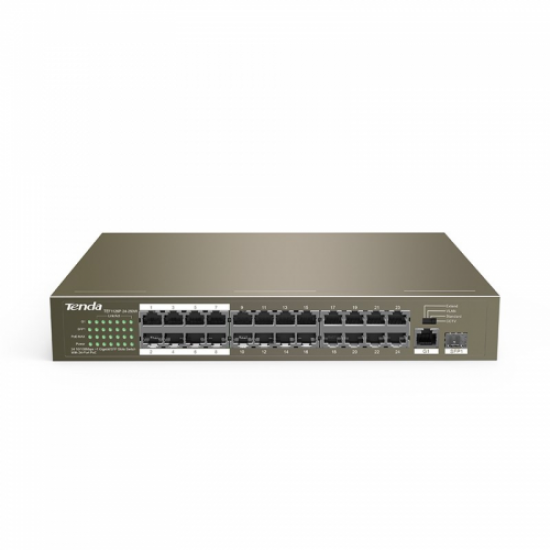 Tenda TEF1126P-24-250W, 24 Port, Megabit, 24 Port PoE, 250w, +2 Port Gigabit Lan, +1 Port GigaBit SFP, Metal Kasa, Yönetilemez,Rack Mount Switch