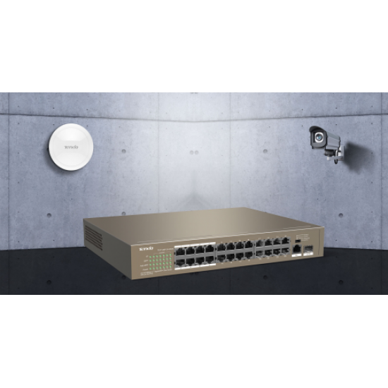 Tenda TEF1126P-24-250W, 24 Port, Megabit, 24 Port PoE, 250w, +2 Port Gigabit Lan, +1 Port GigaBit SFP, Metal Kasa, Yönetilemez,Rack Mount Switch