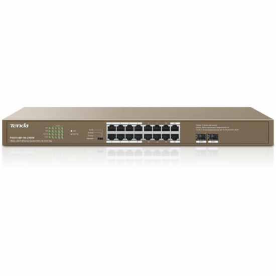Tenda TEG1118P-16-250W,  16 Port, Gigabit,  16 Port PoE, 250W, 2 Port Gigabit SFP , Yönetilemez, Rack Mount Switch
