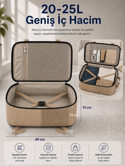 Classone XYZ Serisi TR-100C Kabin Boy ,Uçak İçi , Ergonomik, Laptop ve Tablet Bölmeli, Seyahat, Valiz, 15 -18 inch Uyumlu Notebook, Laptop Sırt Çantası – Camel