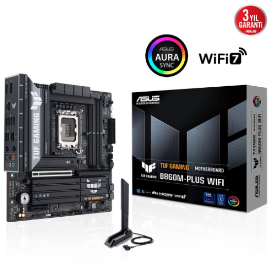 ASUS TUF GAMING B860M-PLUS WIFI, 4xDDR5, 3xM.2, HDMI, DP, Wi-Fi 7, Bluetooth v5.4, Intel Core Ultra CPU(Seri 2), LGA1851 Soket, Gaming Anakart