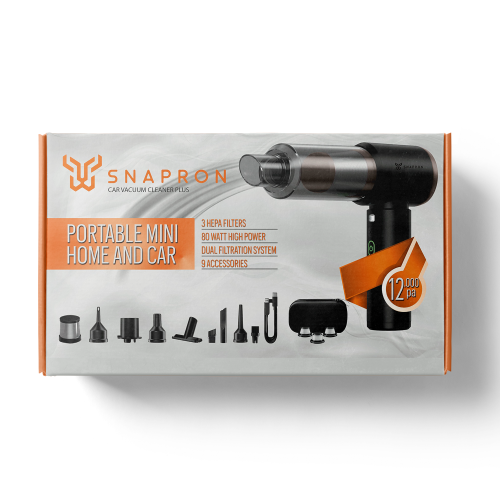 SNAPRON SNV-3002, Car Vacuum Cleaner Plus, 12.000 Pa Emiş gücü, 3 Hepa Filtre, 80W, 9 Aksesuar, Şarjlı, El Tipi, Genel Maksatlı Süpürge