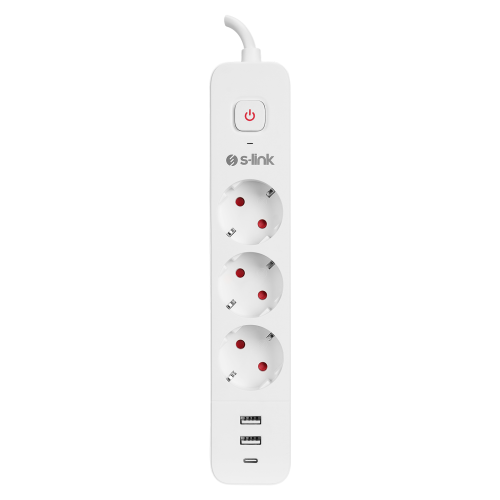 S-LINK SPG03TC, 3 Soket, Akım Korumalı Priz, 1x Type-C, 2xUSB 5V 4A, 1.5Mt %100 Bakır 1mm Kablo, 750 Joule (Beyaz)