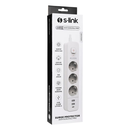S-LINK SPG03TC, 3 Soket, Akım Korumalı Priz, 1x Type-C, 2xUSB 5V 4A, 1.5Mt %100 Bakır 1mm Kablo, 750 Joule (Beyaz)