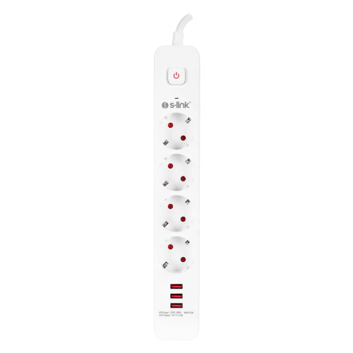 S-LINK SPG403U, 4 Soket, Akım Korumalı Priz, 3xUSB 5V 2.4A, 1.5Mt %100 Bakır 1.5mm Kablo, 750 Joule (Beyaz)