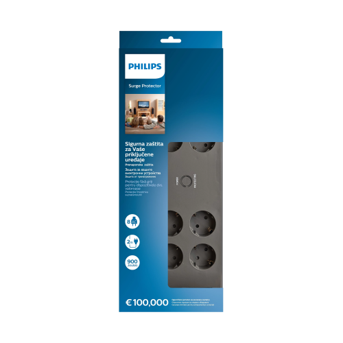 PHILIPS SPN3180A/62, 8 Soket, Akım Korumalı Priz, 900 Joules, 2Mt Kablo, (Gri)