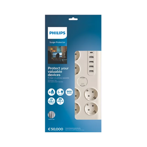 PHILIPS SPN7060WA/62, 6 Soket, Akım Korumalı Priz, 900 Joules, 2Mt Kablo, 1xUsb-C 15W Şarj, 4xUsb-A 20W, (Beyaz)