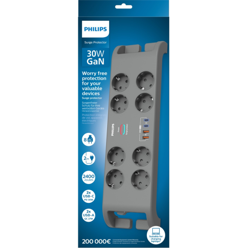 PHILIPS SPN8180GA/62, 8 Soket, Akım Korumalı Priz, 2400 Joules, 2Mt Kablo, 2xUsb-C PD 20W Hızlı Şarj, 2xUsb-A QC 18W, (Gri)