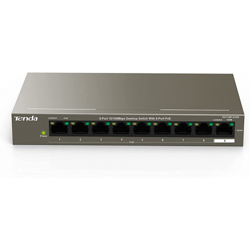 Tenda TEF1109P-8-63W, 9 Port, Megabit, 8 Port PoE, 63W, 1 Port Uplink, Metal Kasa, Yönetilemez, Masaüstü Switch