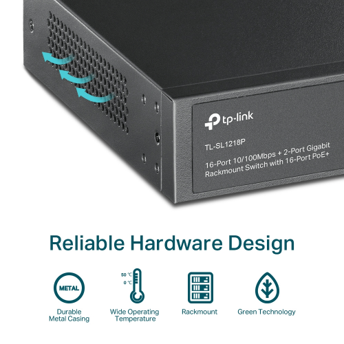 TP-LINK TL-SL1218P, 16 Port, Megabit, PoE 150W, 2 Port Gigabit Lan, 1 Port Gigabit Combo SFP, Yönetilemez, Rackmount, Switch