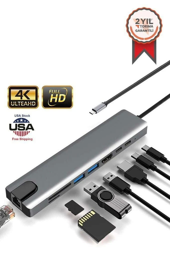 USB-C - HDTV ÇOK FONKSİYONLU 8 PORT ÇEVİRİCİ ADAPTÖR YD-36