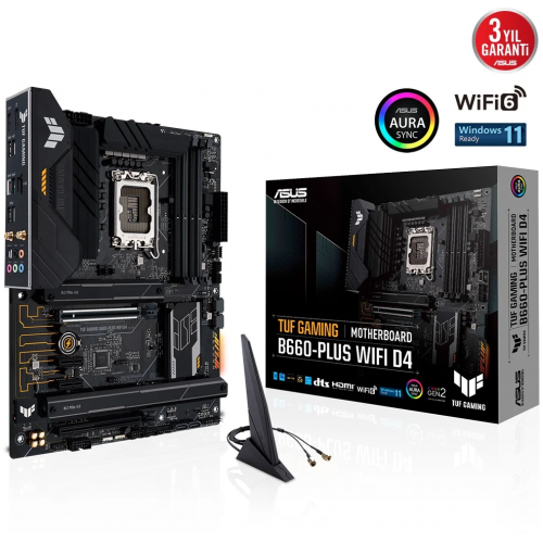 ASUS TUF GAMING B660-PLUS WIFI D4, 4xDDR4, 3x M.2, HDMI, DP, Wi-Fi 6, 12.Nesil, LGA1700 Soket, ARGB Gaming Anakart