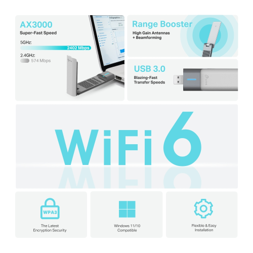 TP-LINK Archer TX50UH, AX3000 Yüksek Performanslı, Dual Band, WiFi 6, Kablosuz USB3.0 Adaptör
