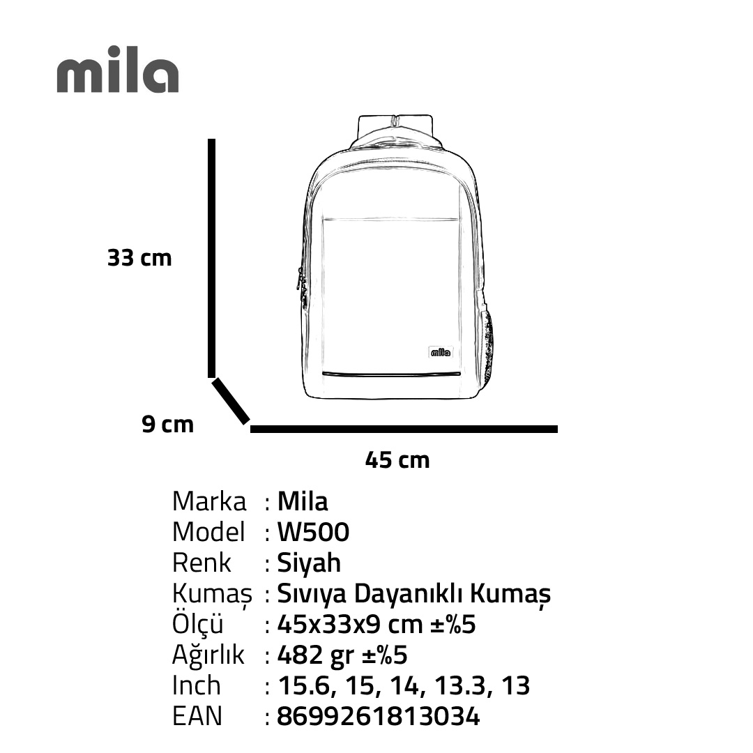 Classone Mila W500 15.6’’ Laptop Sırt Çantası Siyah
