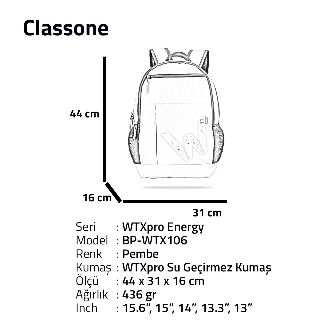 Classone WTXpro Energy Serisi BP-WTX106 15.6 inch Uyumlu Macbook, Laptop, Notebook Sırt Çantası- Pembe